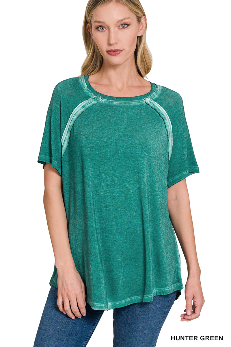 Washed Short Sleeve Boat-Neck Top W Hi-Low Hem