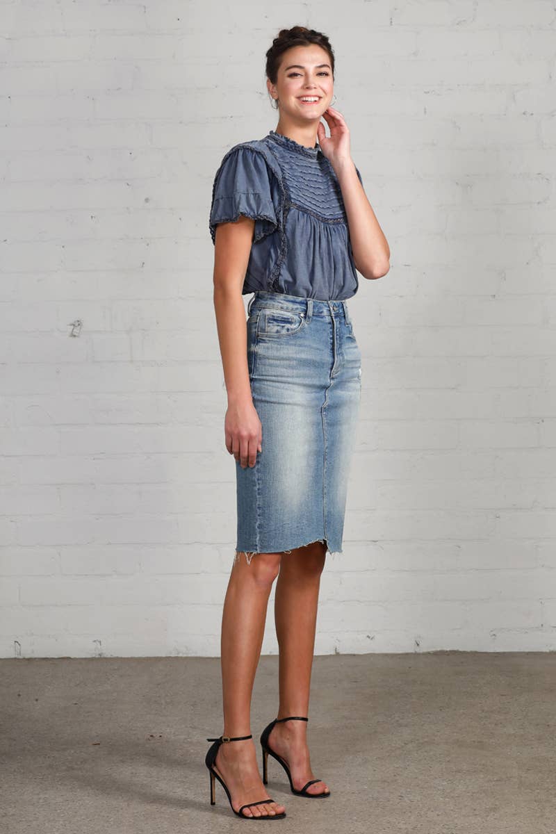 High Rise Stretch Raw Hem Knee Length Denim Skirt