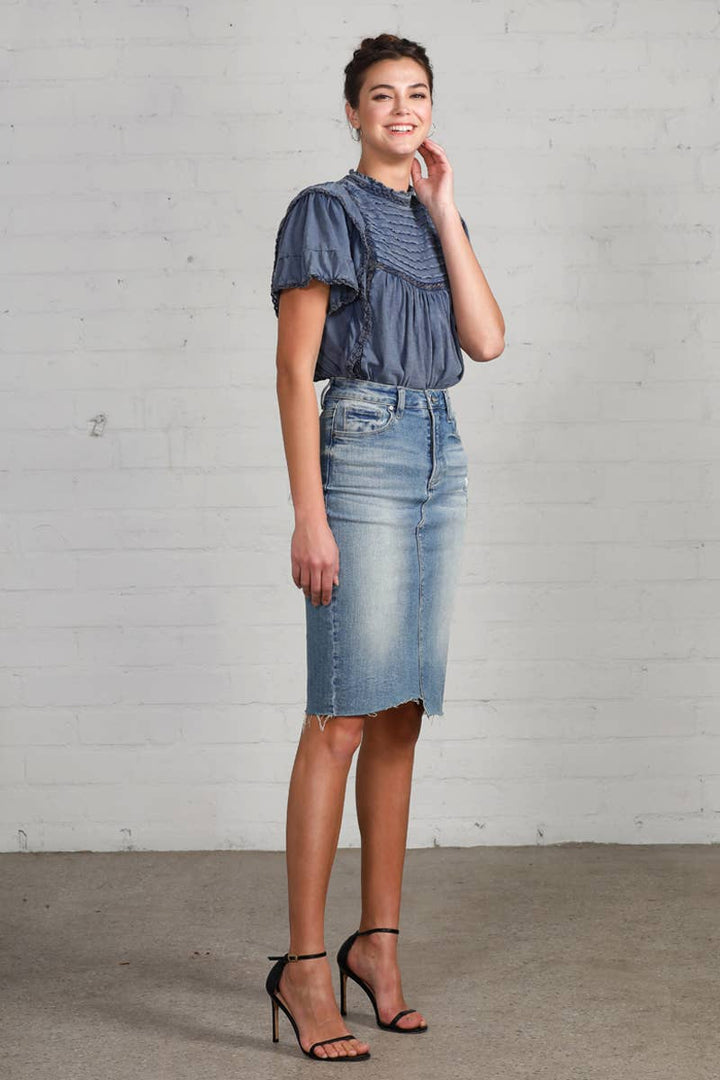 High Rise Stretch Raw Hem Knee Length Denim Skirt