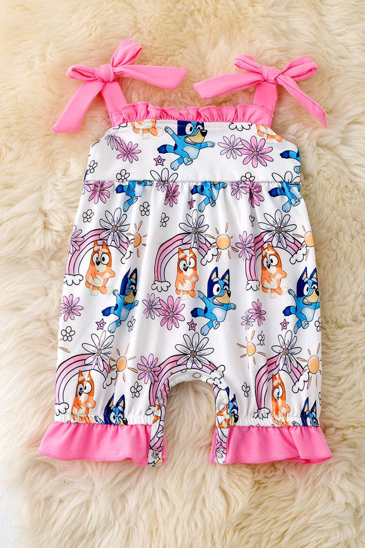Blue* printed Girls romper w/ruffle hem.