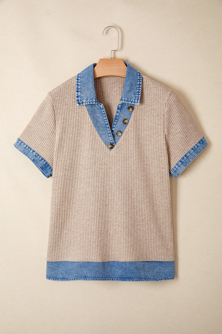 Beige Ribbed Denim Collar Blouse RTS