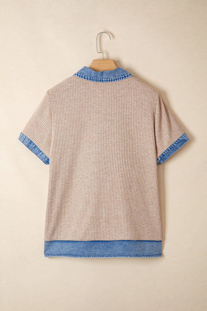 Beige Ribbed Denim Collar Blouse RTS