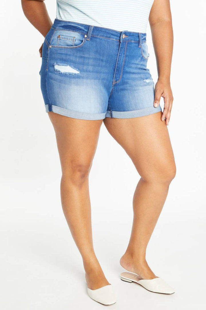 Plus Size Distressed Mid Rise Denim Shorts