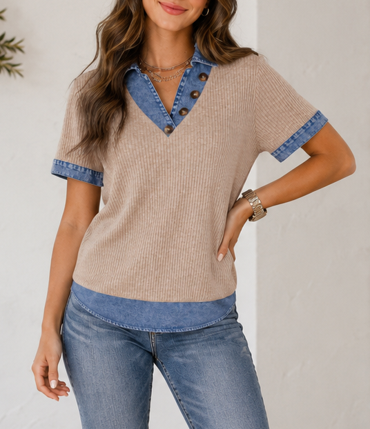 Beige Ribbed Denim Collar Blouse RTS