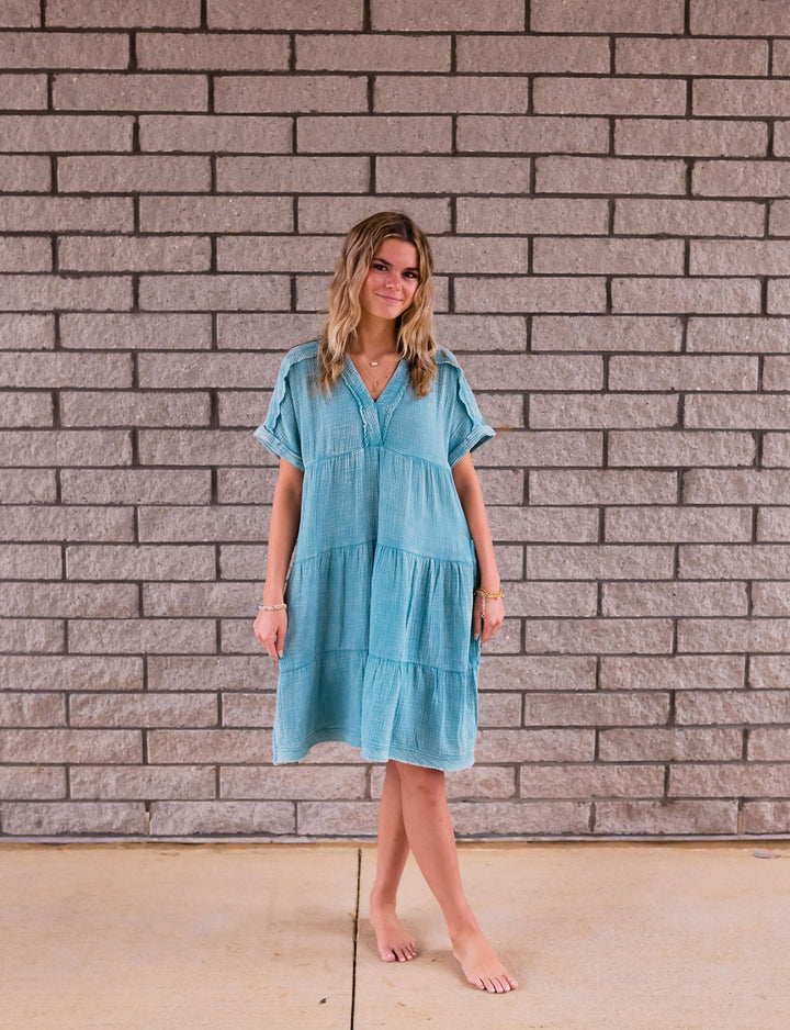 Washed Double Gauze Raw Edge V-Neck Dress