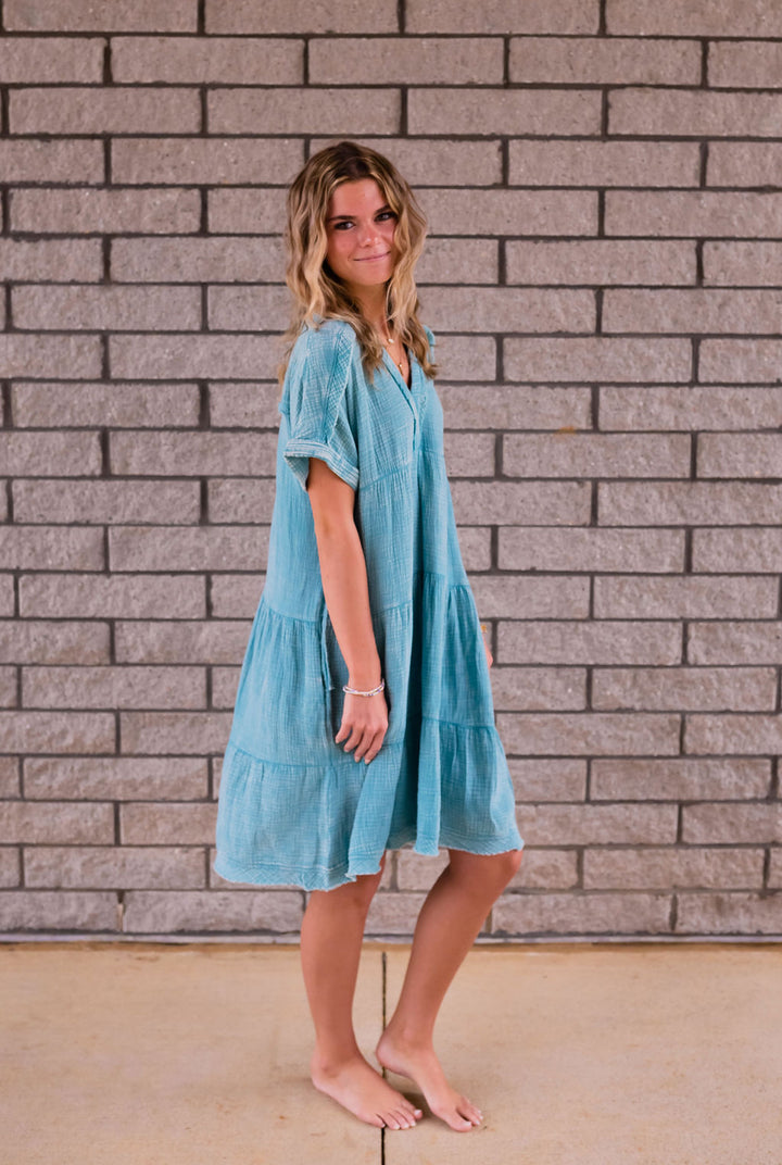 Washed Double Gauze Raw Edge V-Neck Dress