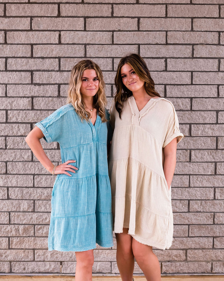 Washed Double Gauze Raw Edge V-Neck Dress