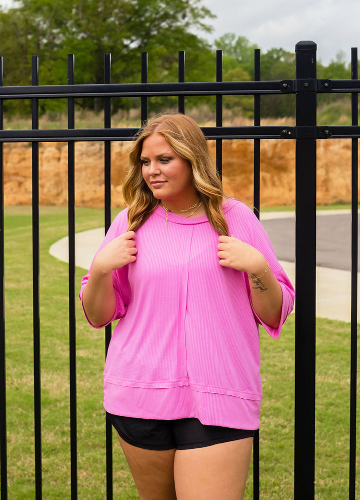 Plus Ribbed Boat Neck Dolman 3/4 Sleeve Top W Front