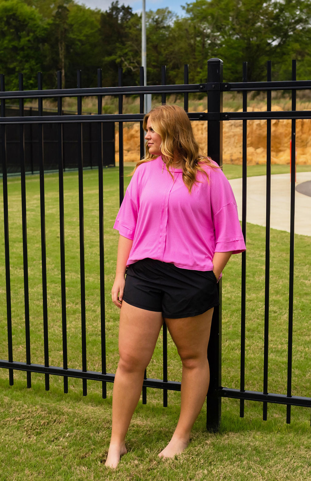 Plus Ribbed Boat Neck Dolman 3/4 Sleeve Top W Front