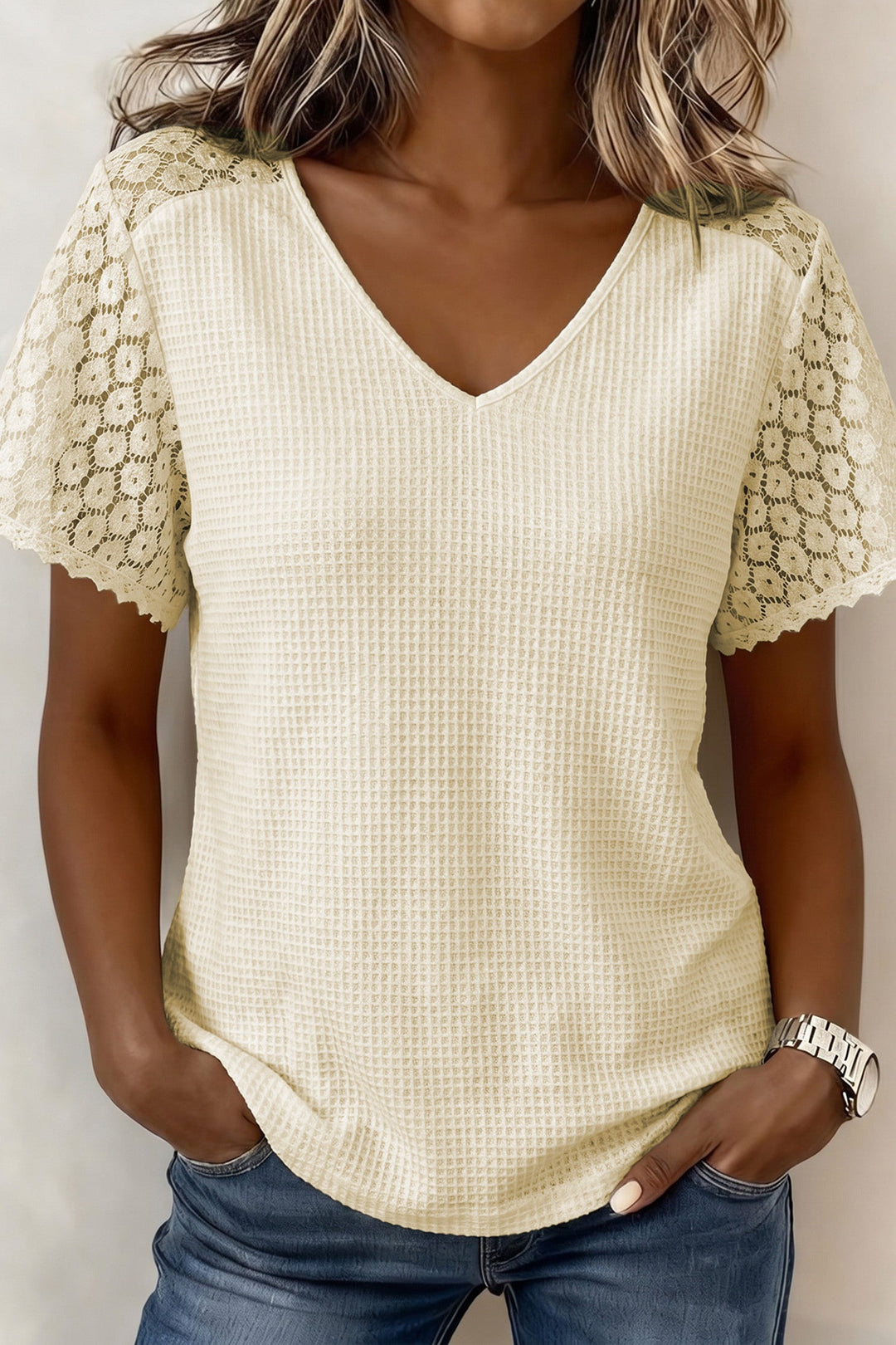 Lace Sleeve Waffle Knit Blouse RTS