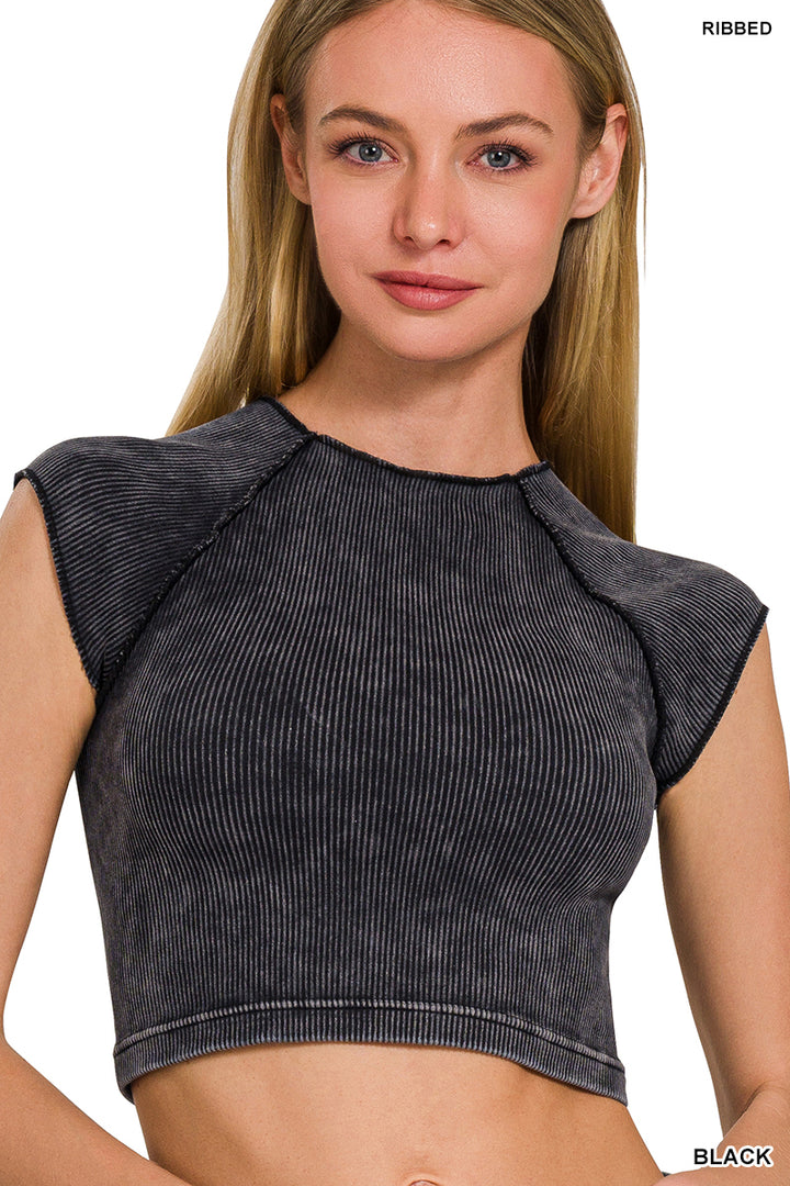 Stone Washed Ribbed Seamless Round Neck Crop Top