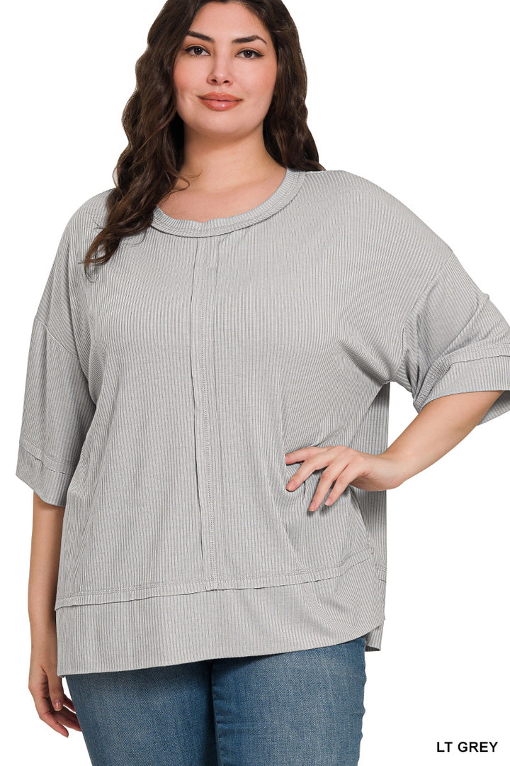 Plus Ribbed Boat Neck Dolman 3/4 Sleeve Top W Front