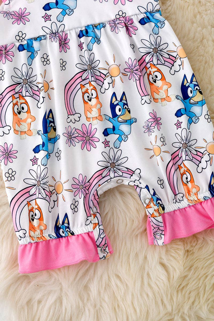 Blue* printed Girls romper w/ruffle hem.