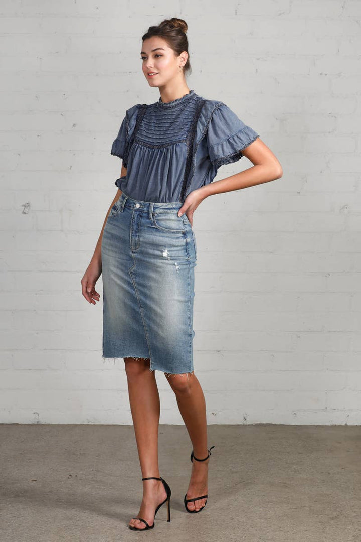 High Rise Stretch Raw Hem Knee Length Denim Skirt