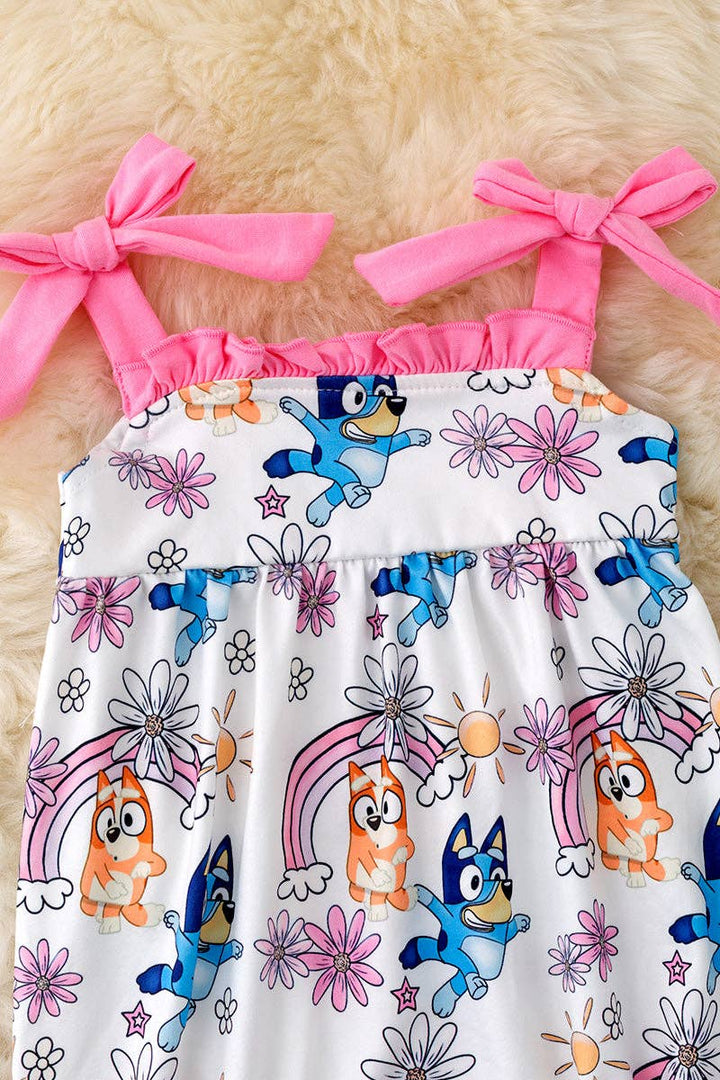 Blue* printed Girls romper w/ruffle hem.