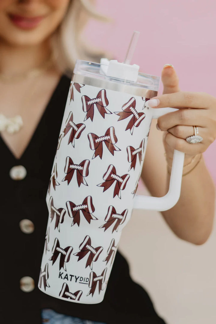 Football & Baseball Bows All Over Tumbler with Handle